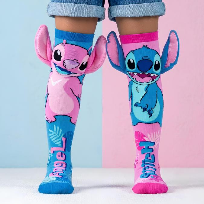 Meia 3D Infantil Stitch e Angel cano alto com orelhinha em relevo