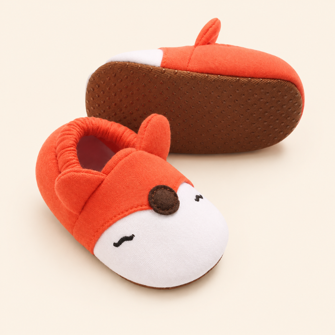 Sapatinho de Bebê Pantufa Antiderrapante Bichinhos, par completo raposa laranja com sola à mostra