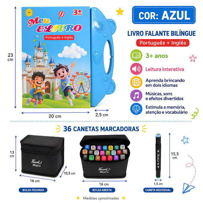 Livro Infantil Interativo Bilíngue Falante • Português e Inglês  tudoakilo