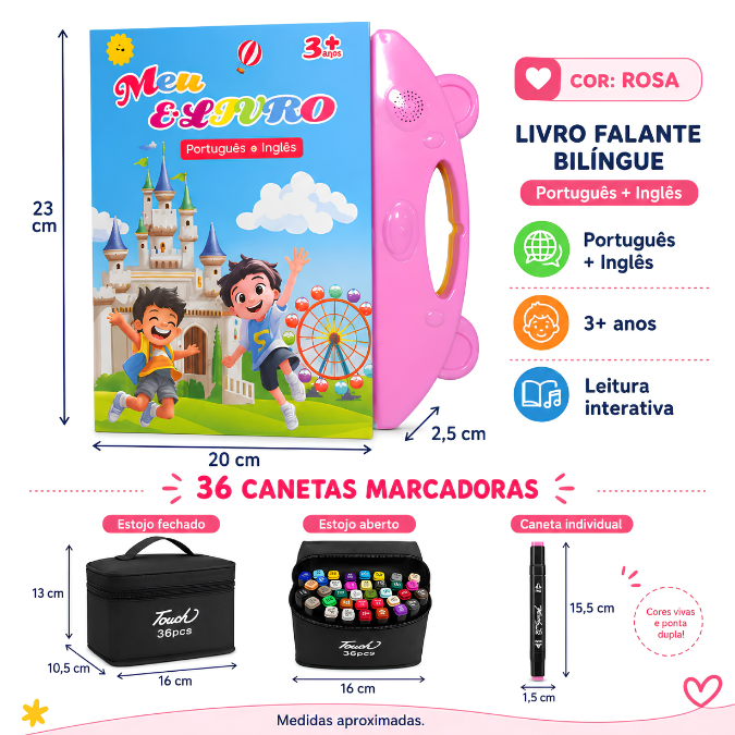 Livro Infantil Interativo Bilíngue Falante • Português e Inglês  tudoakilo