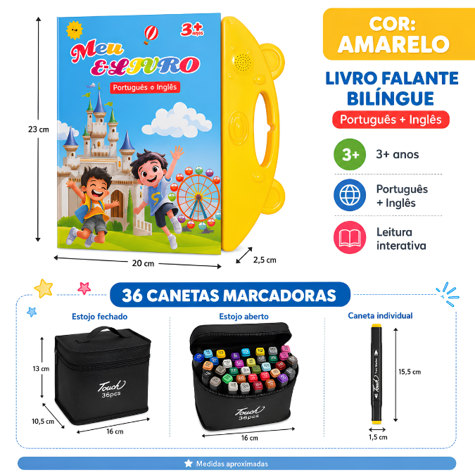 Livro Infantil Interativo Bilíngue Falante • Português e Inglês  tudoakilo