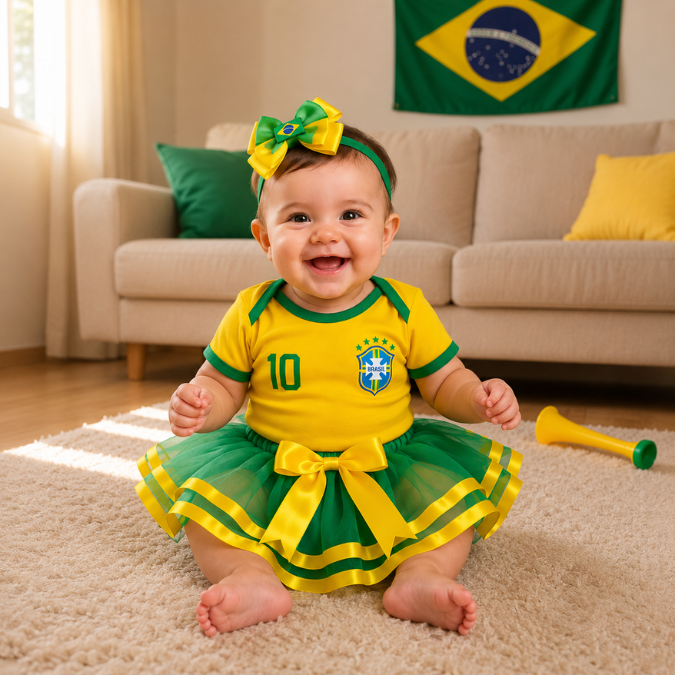 Body Bebê Brasil Feminino Copa 2026 • Kit 3 Peças  tudoakilo