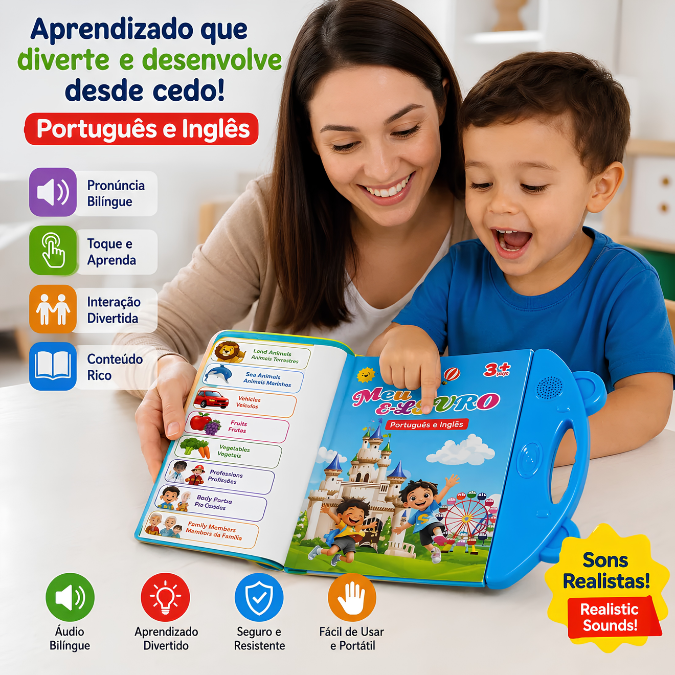 Livro Infantil Interativo Bilíngue Falante • Português e Inglês  tudoakilo