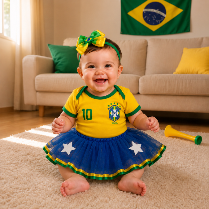 Body Bebê Brasil Feminino Copa 2026 • Kit 3 Peças  tudoakilo