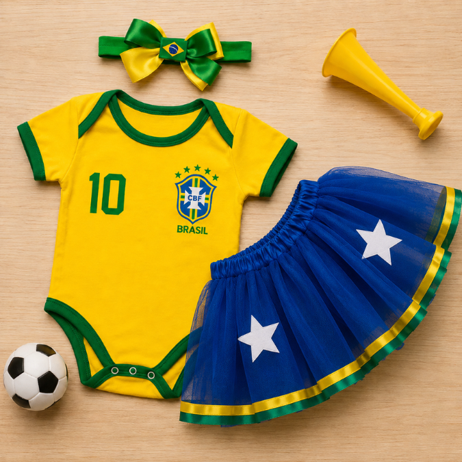 Body Bebê Brasil Feminino Copa 2026 • Kit 3 Peças  tudoakilo