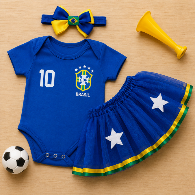 Body Bebê Brasil Feminino Copa 2026 • Kit 3 Peças  tudoakilo