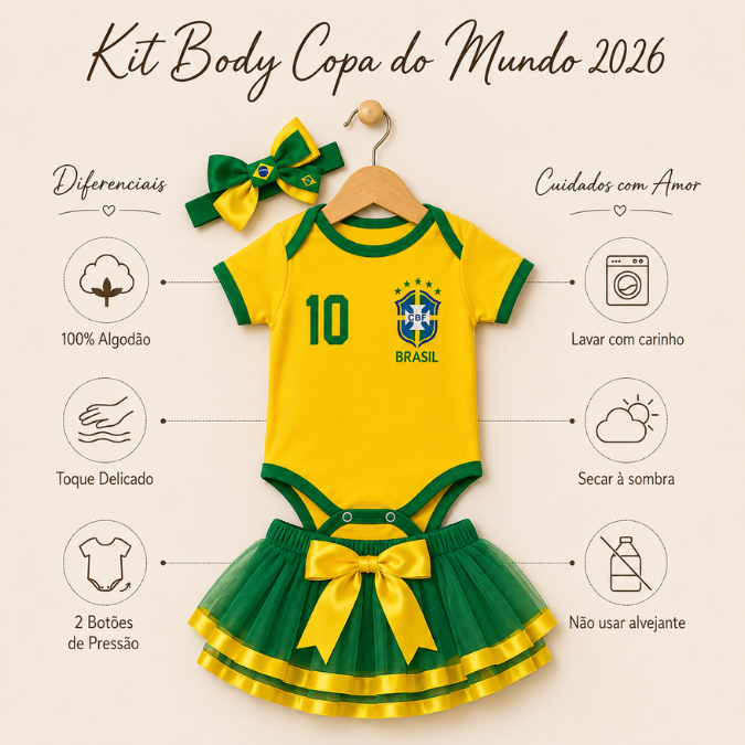 Body Bebê Brasil Feminino Copa 2026 • Kit 3 Peças  tudoakilo