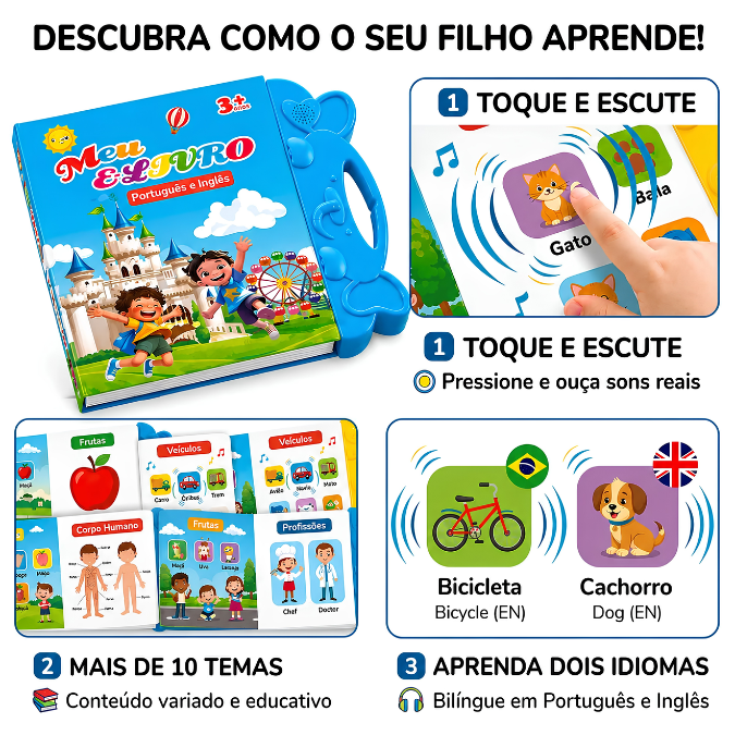 Livro Infantil Interativo Bilíngue Falante • Português e Inglês  tudoakilo