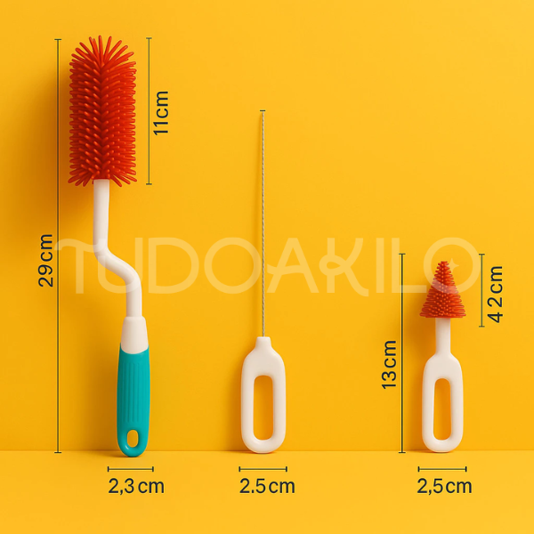 Escova de Mamadeira em Silicone • Kit 4 Peças  tudoakilo