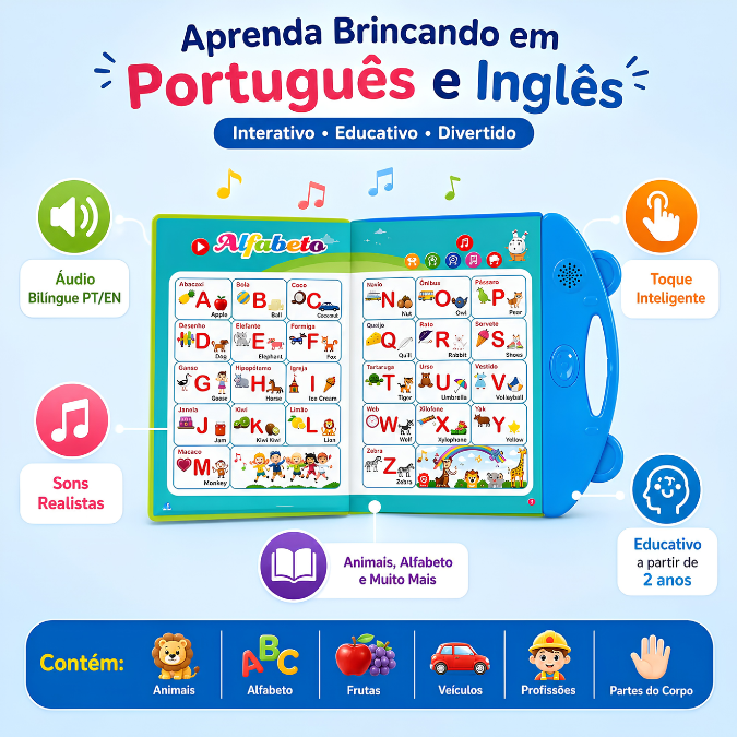 Livro Infantil Interativo Bilíngue Falante • Português e Inglês  tudoakilo