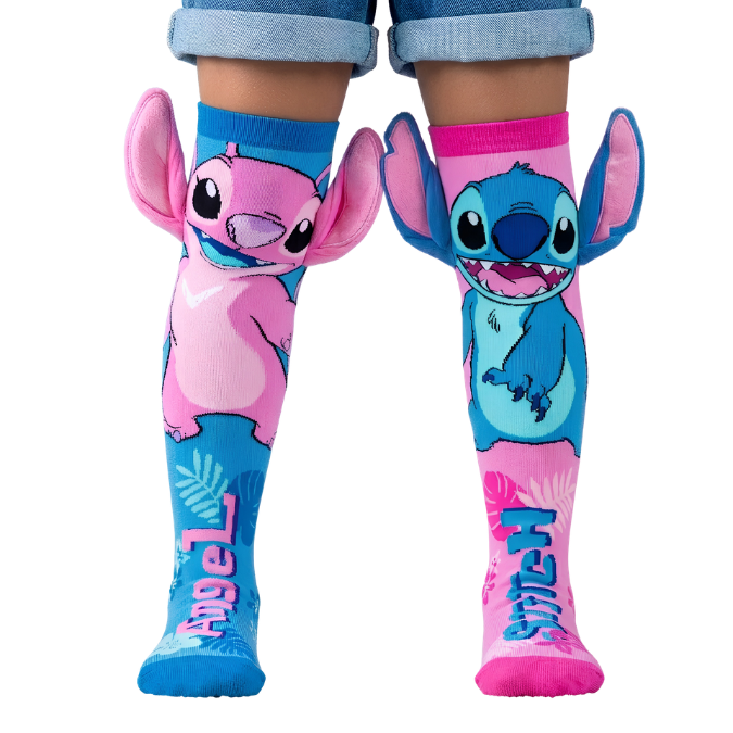 Meia 3D Infantil Stitch e Angel, detalhe da estampa e acabamento
