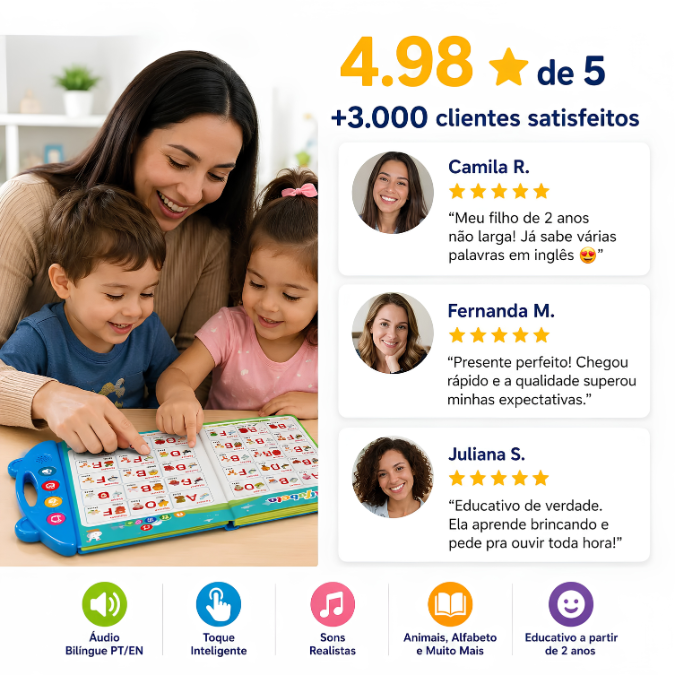 Livro Infantil Interativo Bilíngue Falante • Português e Inglês  tudoakilo