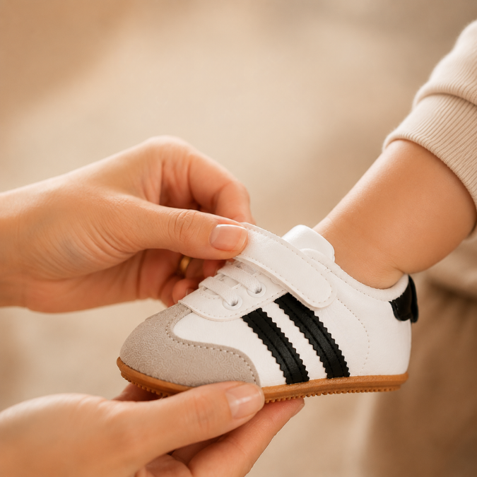 Sapatinho Bebê Sambinha Velcro Antiderrapante, fechando o velcro