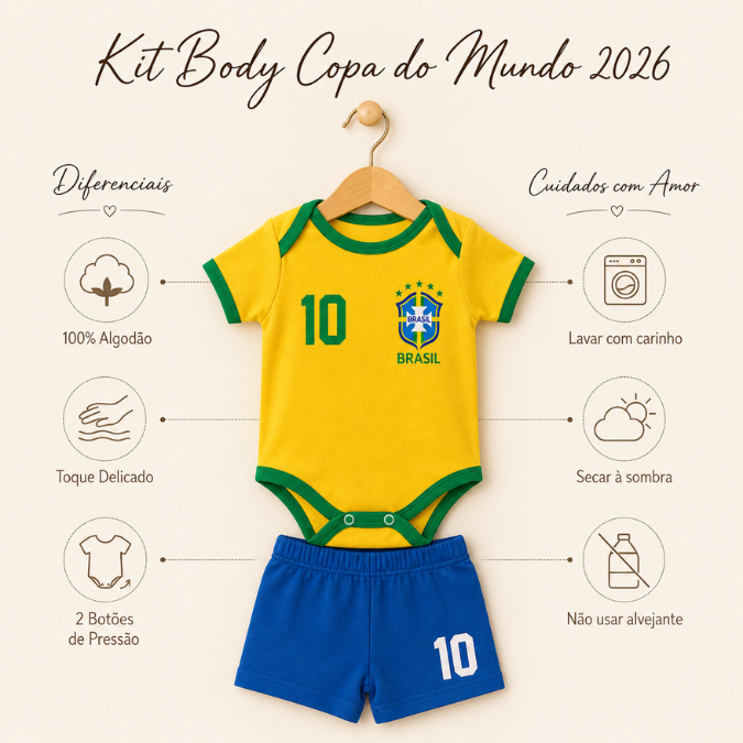 Body Bebê Copa do Mundo 2026 • Kit 2 Peças  tudoakilo