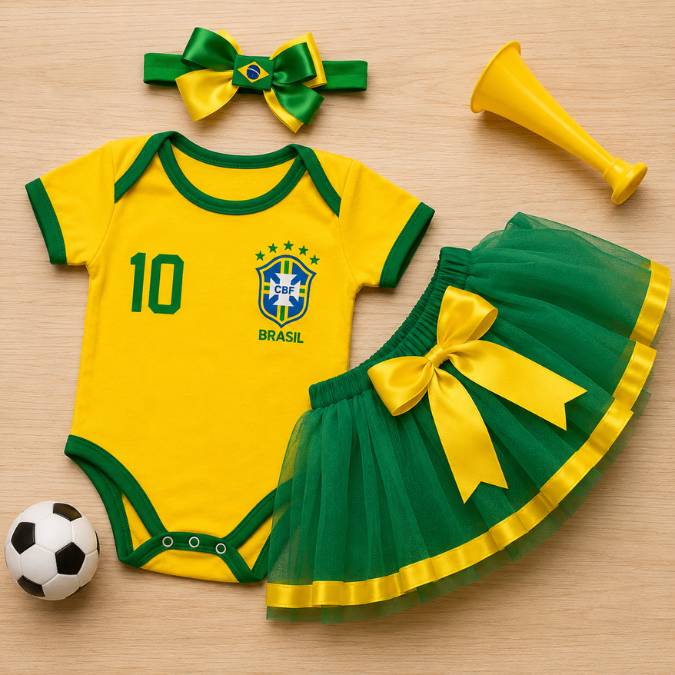 Body Bebê Brasil Feminino Copa 2026 • Kit 3 Peças  tudoakilo