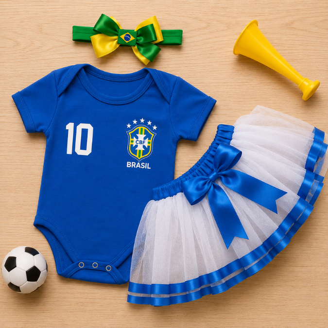 Body Bebê Brasil Feminino Copa 2026 • Kit 3 Peças  tudoakilo