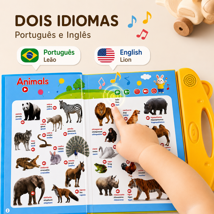 Livro falante bilíngue português e inglês, visão frontal do produto tudoakilo