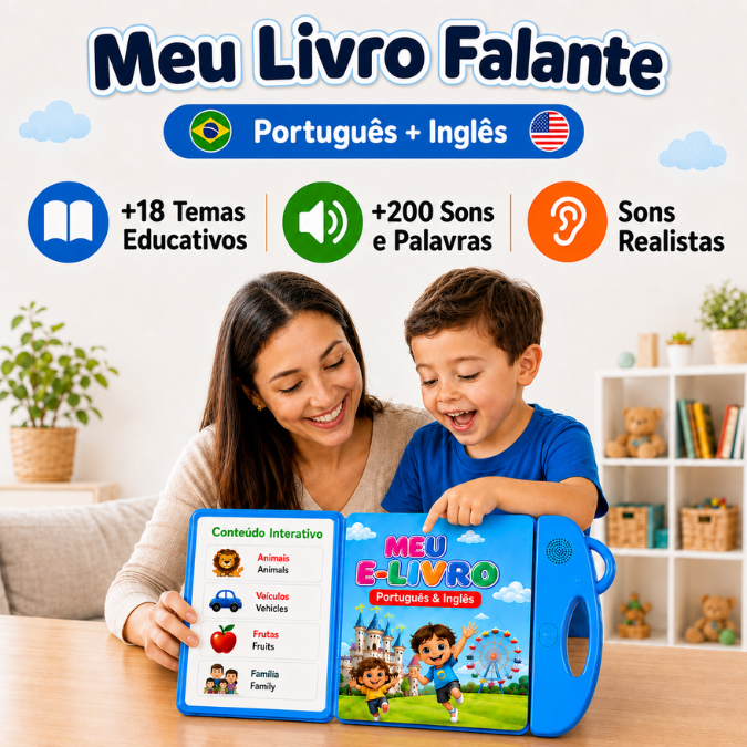 Livro falante bilíngue azul, mãe e criança brincando juntas, aprendizado de português e inglês