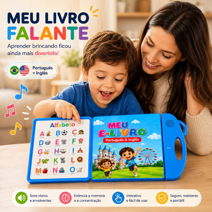 Livro falante bilíngue azul, mãe e criança brincando juntas, aprendizado de português e inglês